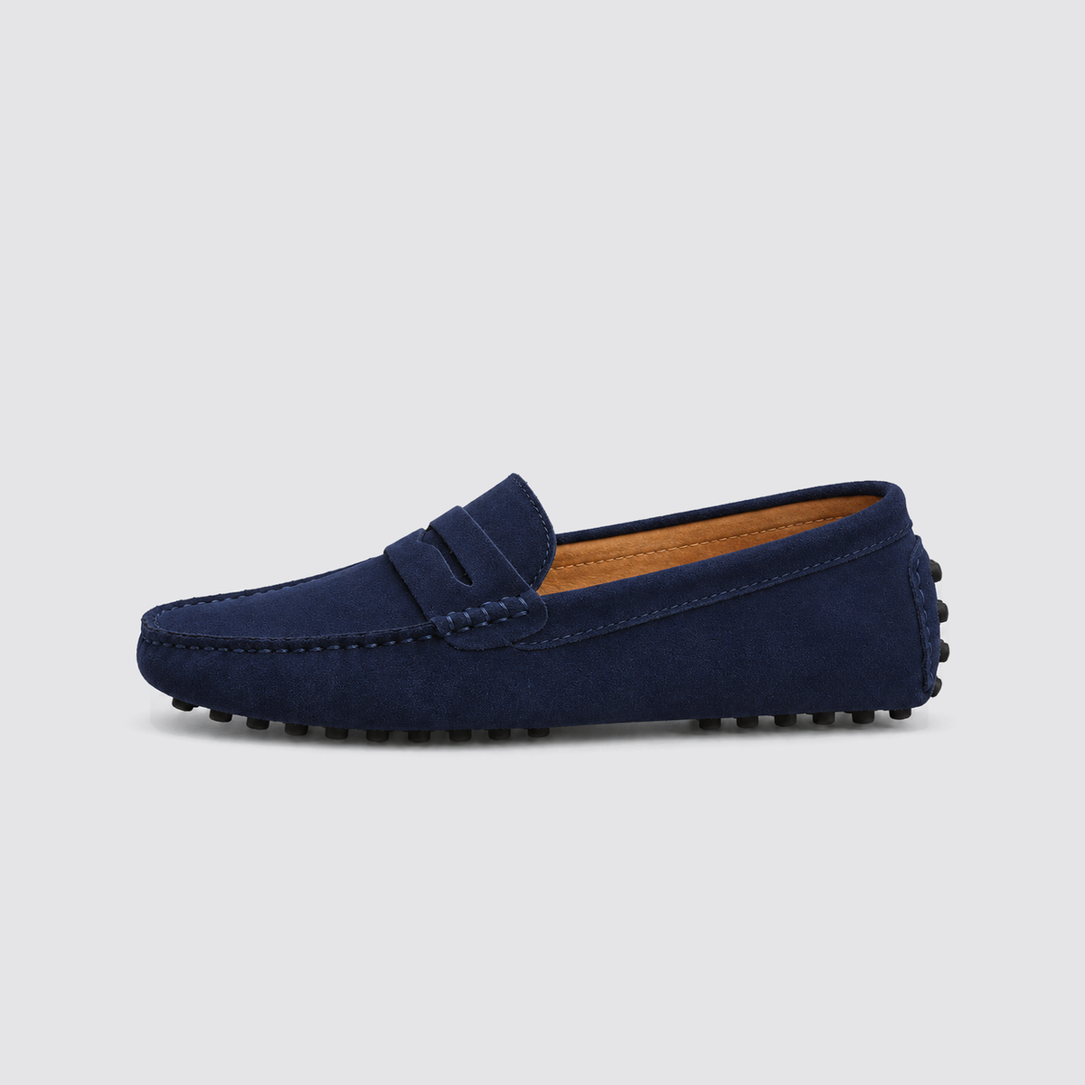 Navy Blue loafer, side view, background #e5e5e7