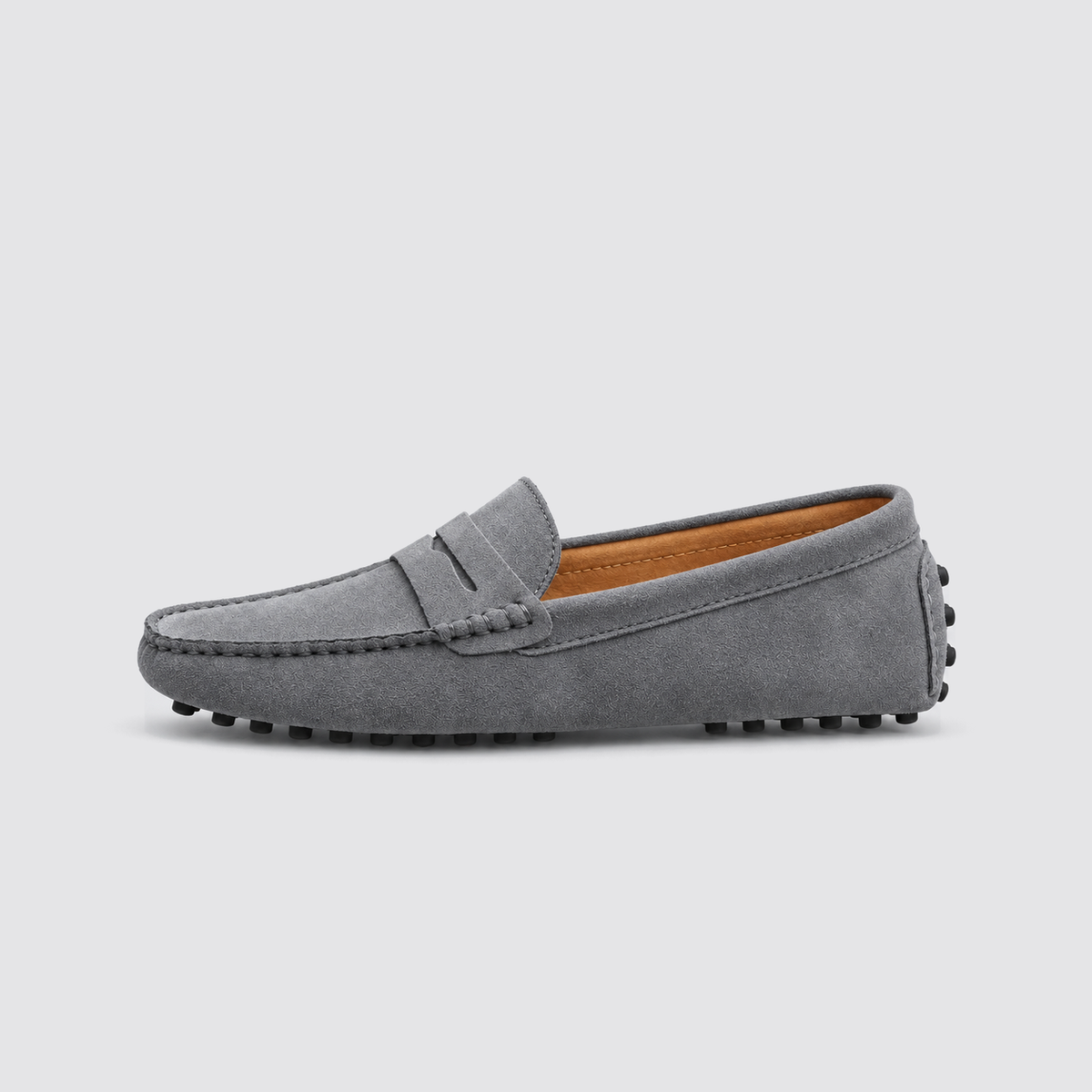 gray loafer, side view, background #e5e5e7