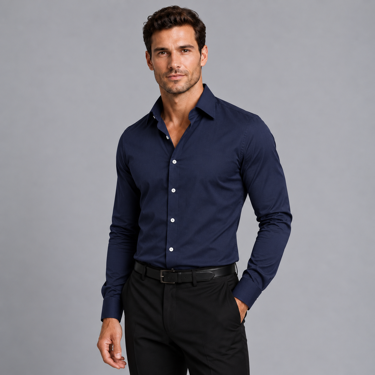 Rowenfield Men's Slim Fit Satin Stretch Shirt Navy studio product photo 1