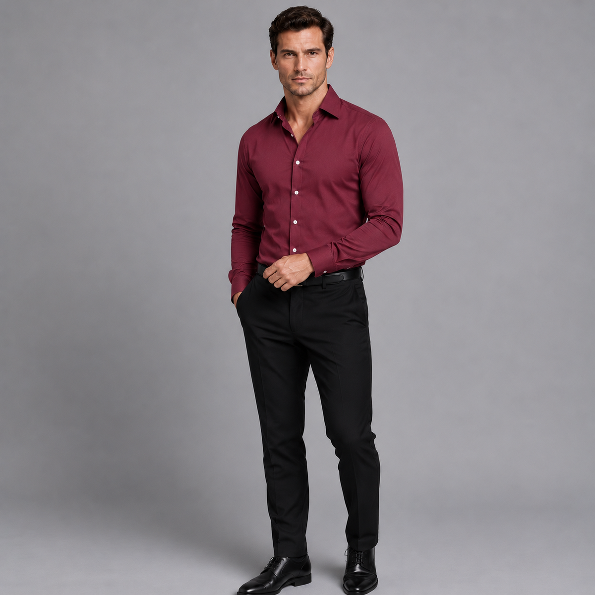 Rowenfield Men's Slim Fit Satin Stretch Shirt Burgundy studio product photo 6