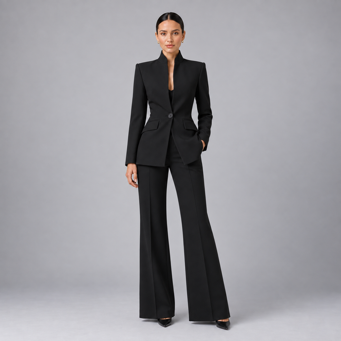 Rowenfield Women's Tailored Blazer and Wide-Leg Pant Suit Set Black studio product photo