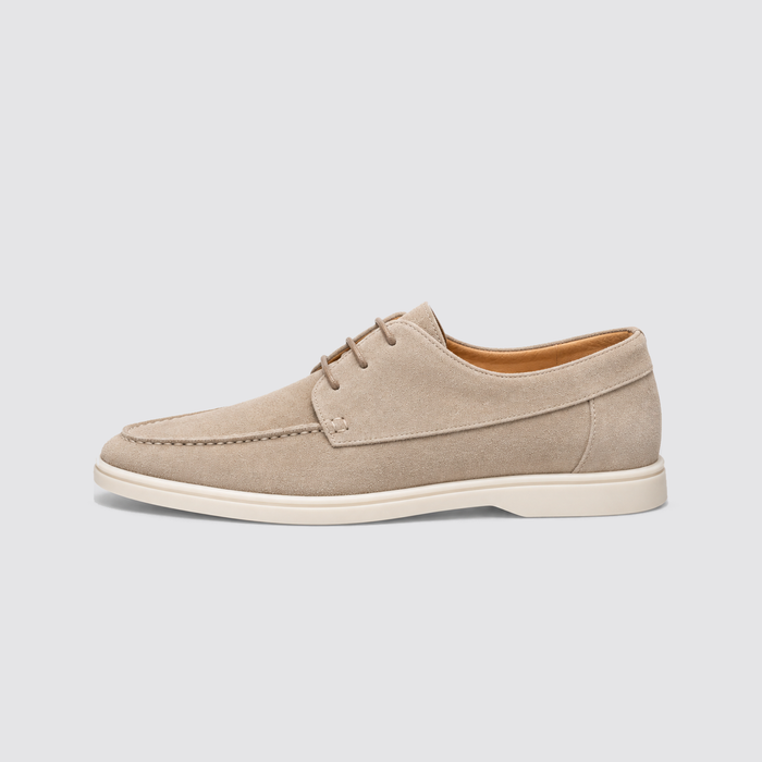 Beige suede lace-up loafer side profile