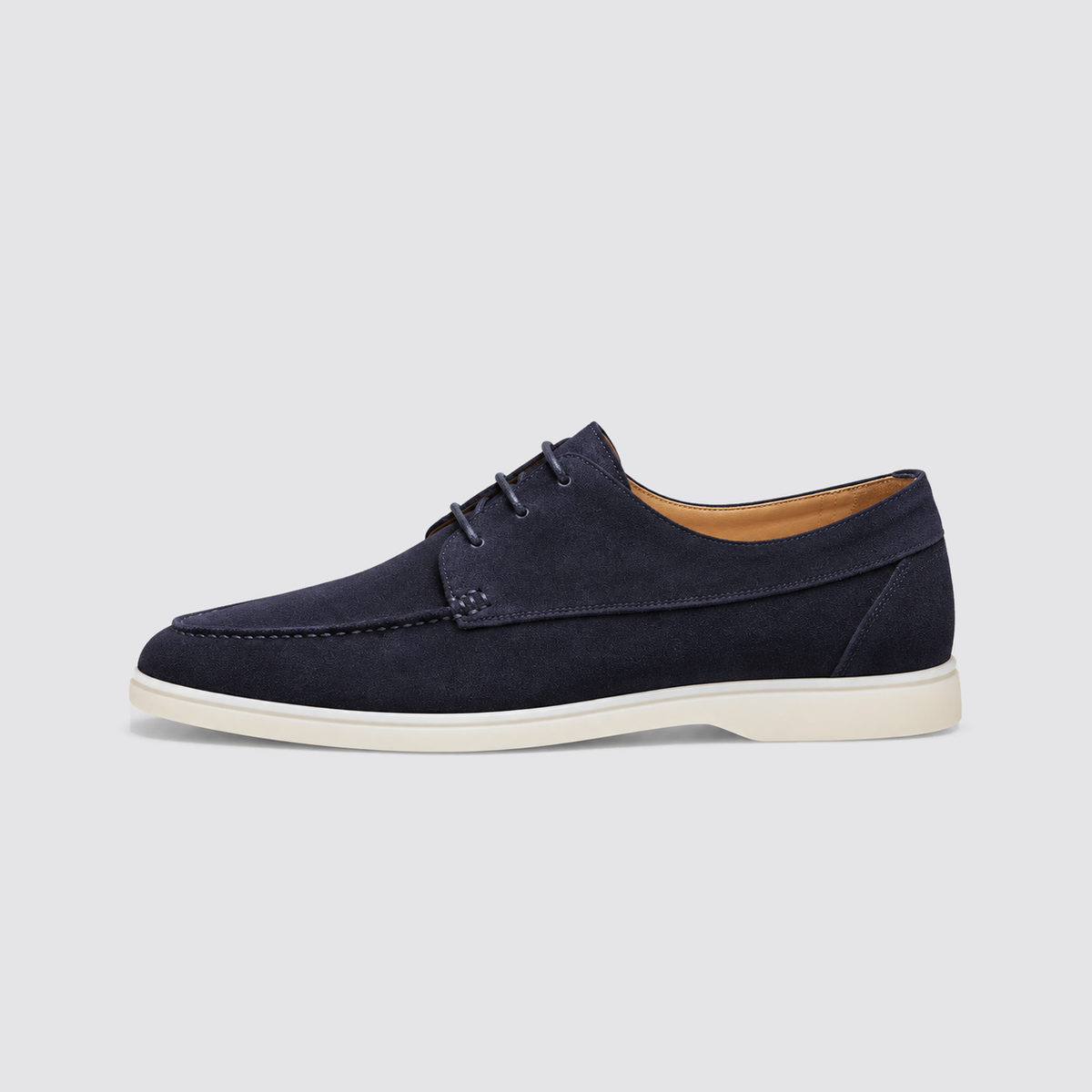 Navy suede lace-up loafer side profile