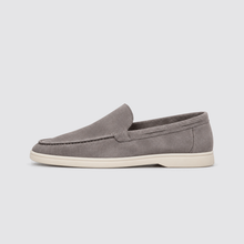 Light gray suede loafer, side profile