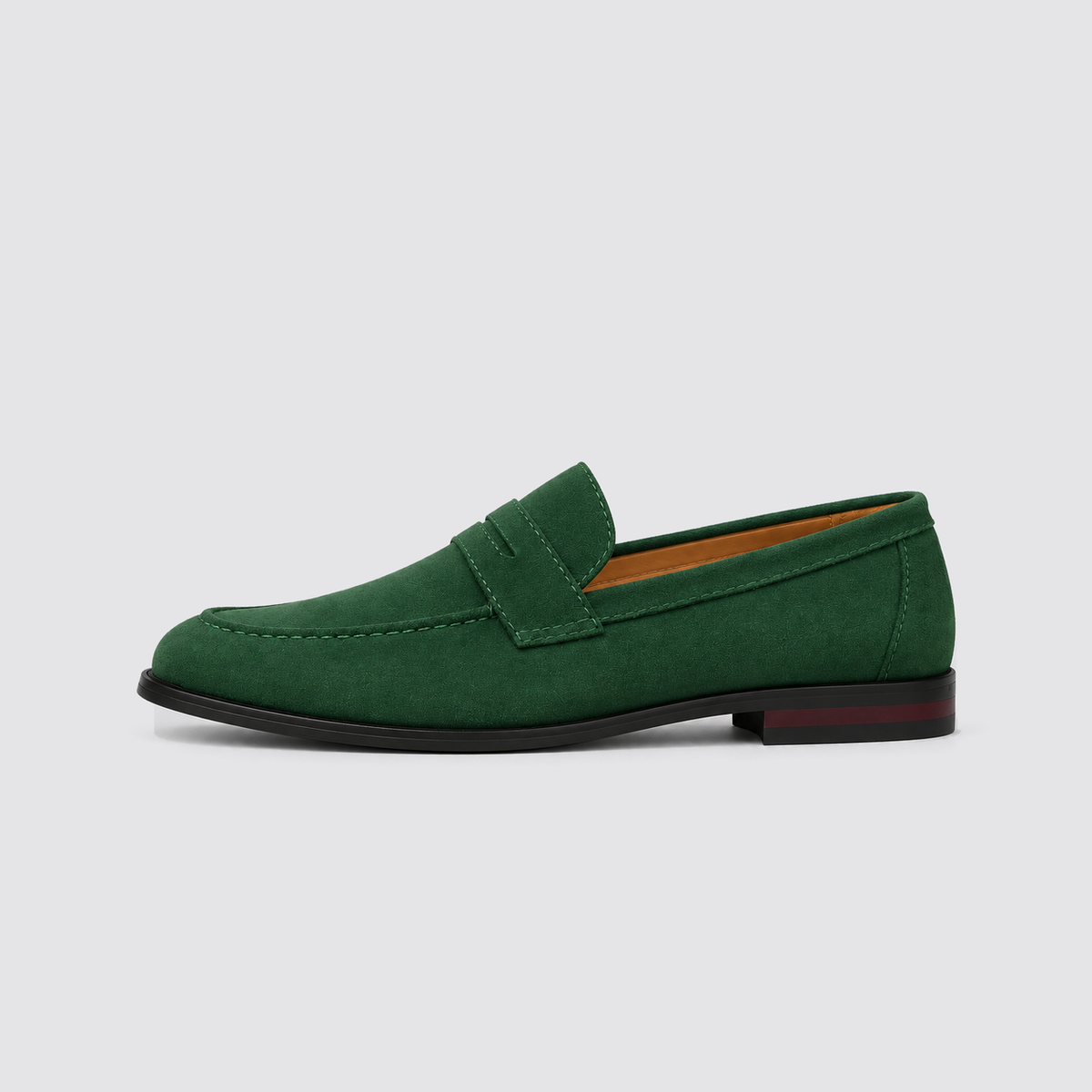 Green suede penny loafer side profile