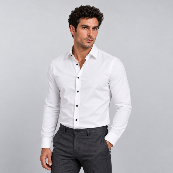 Rowenfield Men's Wrinkle-Free Formal Shirt – White (Black Buttons) – front