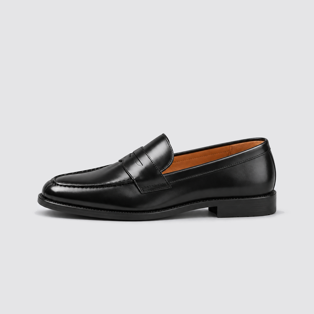 Black shoe, side view, background #e5e5e7