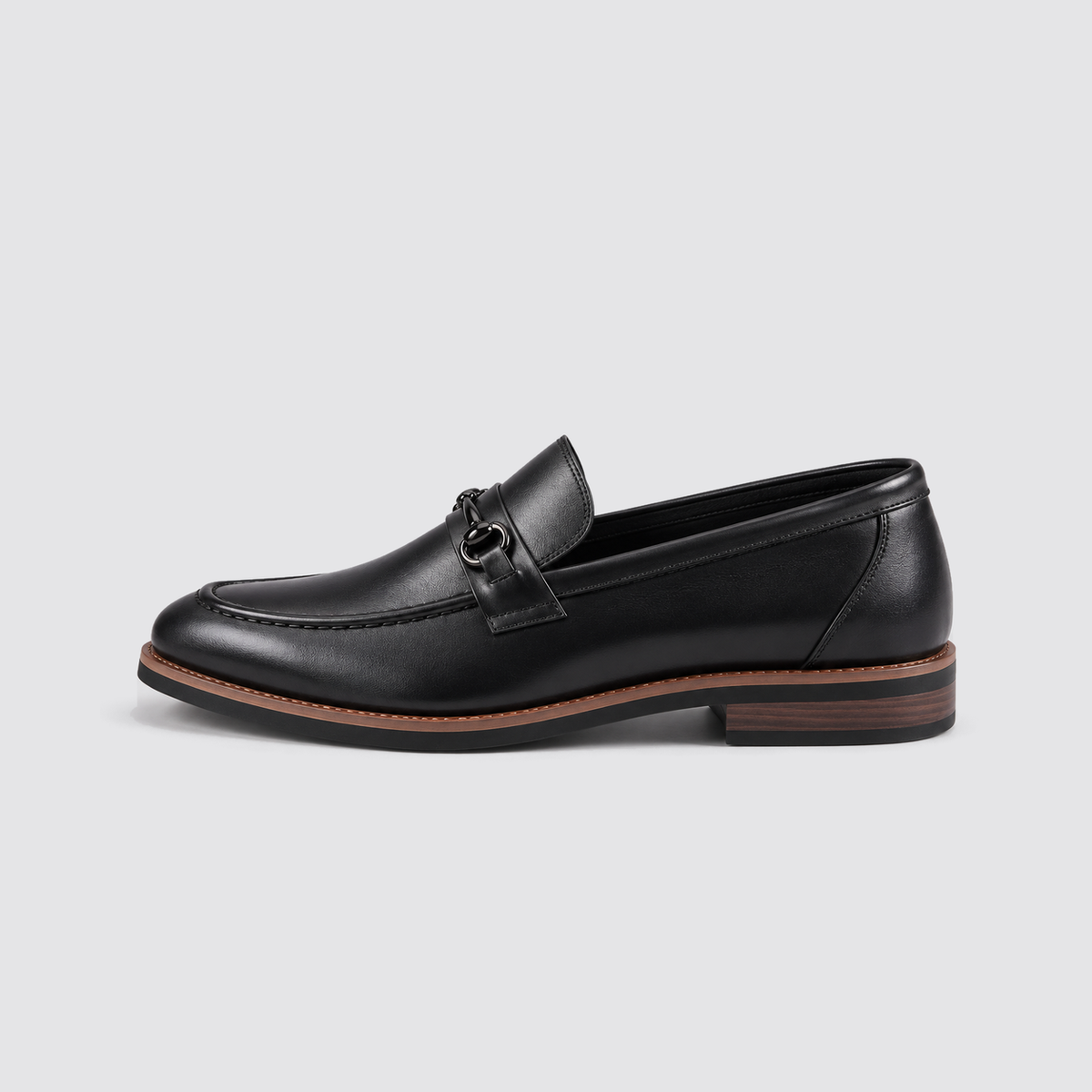 Black leather horsebit loafer side profile