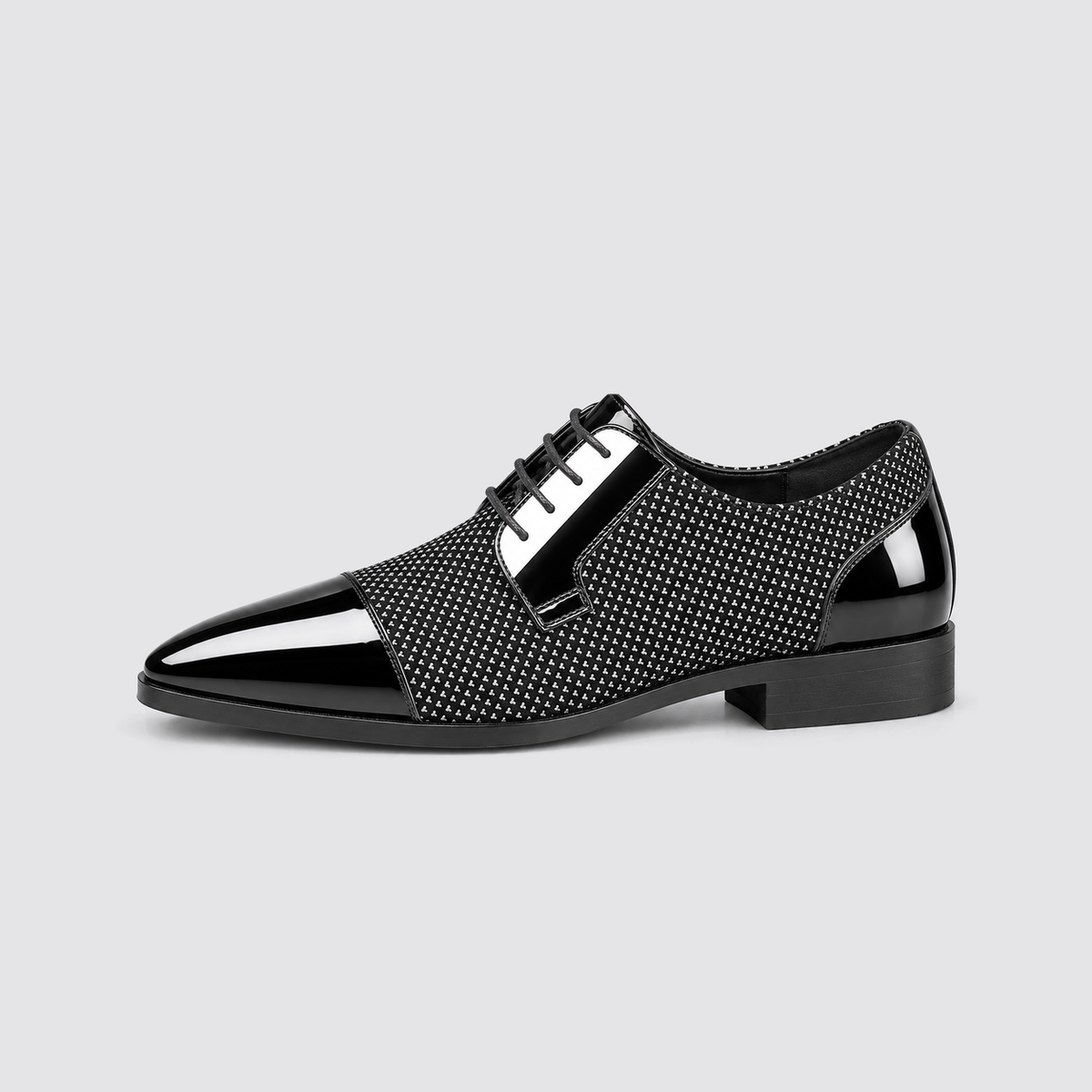 gray patent dress shoe side profile
