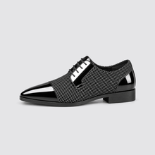 gray patent dress shoe side profile