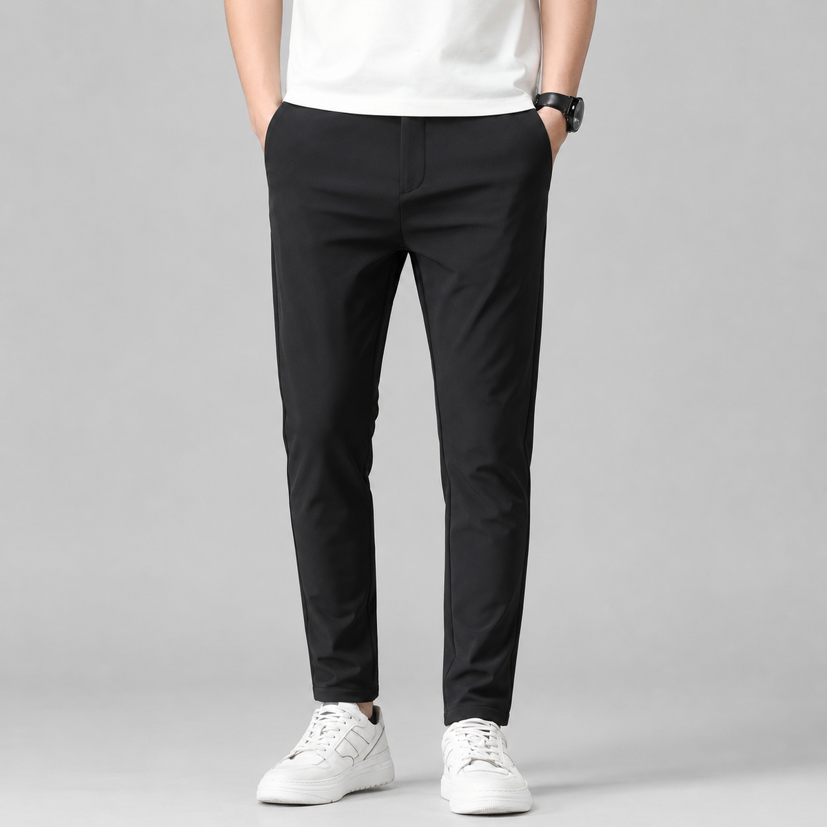 Rowenfield Men's Slim Fit Stretch Pants with Straight Leg Black studio product photo