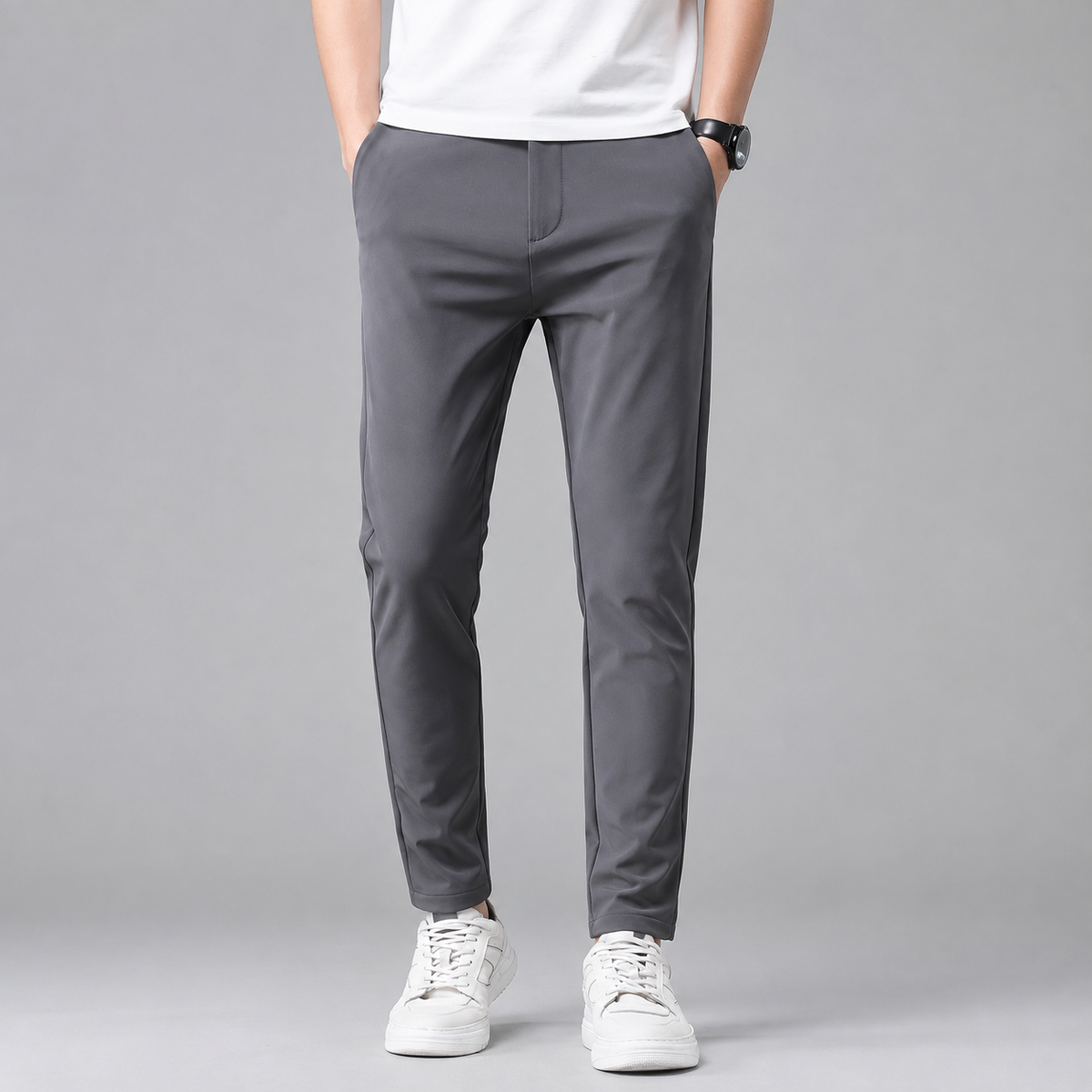 Rowenfield Men's Slim Fit Stretch Pants with Straight Leg Gray studio product photo